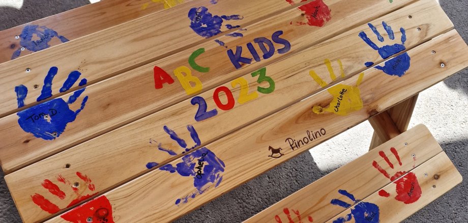 The photo shows a wooden seating set with a table and two benches. Colored handprints of the ABC-Kids with the respective child's name can be seen on the set.