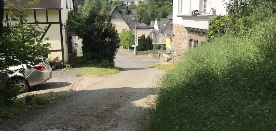 The photo shows the view from the hillside down into the Wölfenbach street in the Tiefenstein district. The actual stream cannot be seen due to the piping.