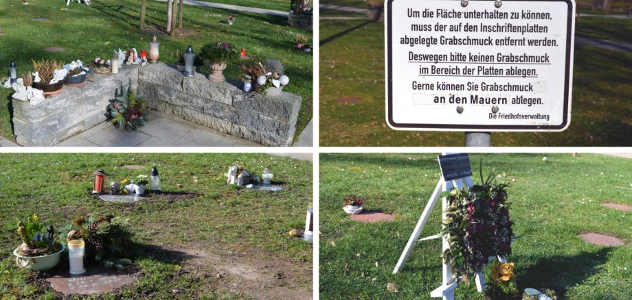 The four-part picture shows a designated deposit area at the top left, a corresponding sign at the top right and two photos of grave decorations deposited in the resting areas at the bottom.