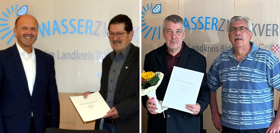 Das zweiteilige Foto zeigt links Bürgermeister Friedrich Marx und Frank Forster mit Urkunde. Rechts sind Holger Degenaar mit Blumenstrauß und Urkunde sowie VG-Bürgermeister Uwe Weber zu sehen. 
