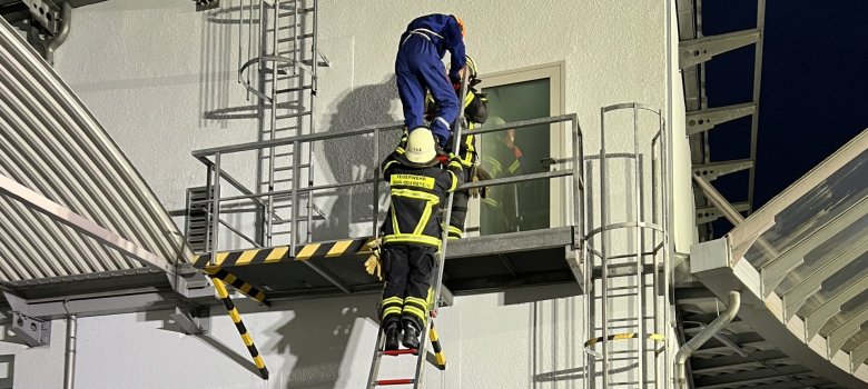Das Foto zeigt eine Person, die rückwärts eine Leiter aus dem 1. Stock klettert. Auf der Leiter steht auch ein Feuerwehrangehöriger und hilft der Person, auf dem Boden stehen weitere Feuerwehrangehörige und beobachten die Situation.